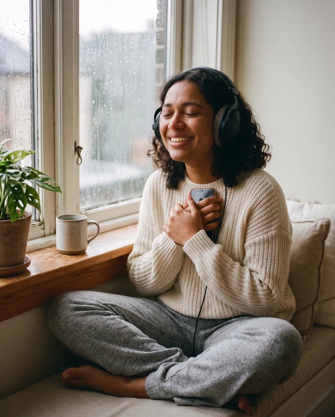 A woman in headphones by a rainy window, eyes closed and smiling through tears as she listens to a song made for her