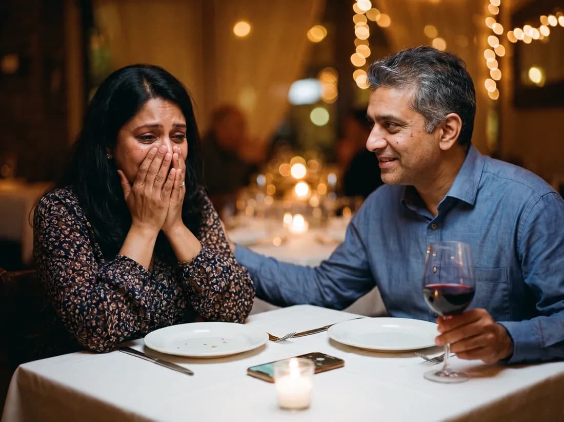 A woman at a candlelit dinner covering her mouth in surprise while her husband smiles at her