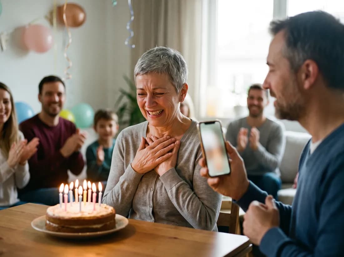 A woman at her birthday table with a lit cake, hands on her chest, laughing and tearful as her son plays her a song on his phone