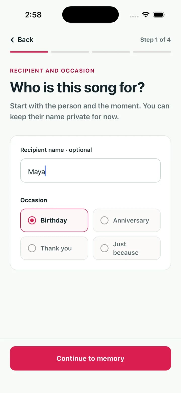 Sonento screen asking who the song is for, with Maya entered and Birthday selected